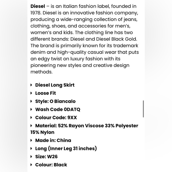 NWT Diesel Italian Black Utility Multi Zipper Pockets Maxi Tall Skirt Waist 27” - Picture 6 of 6